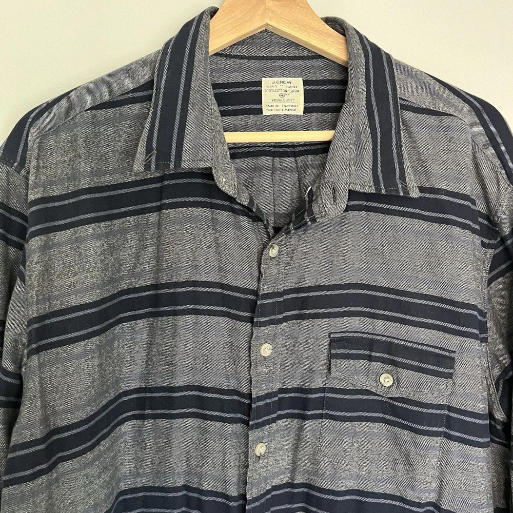J. Crew Work Shirt Mens Large Stripped Gray Navy‎ Long Sleeve Cotton Button Down